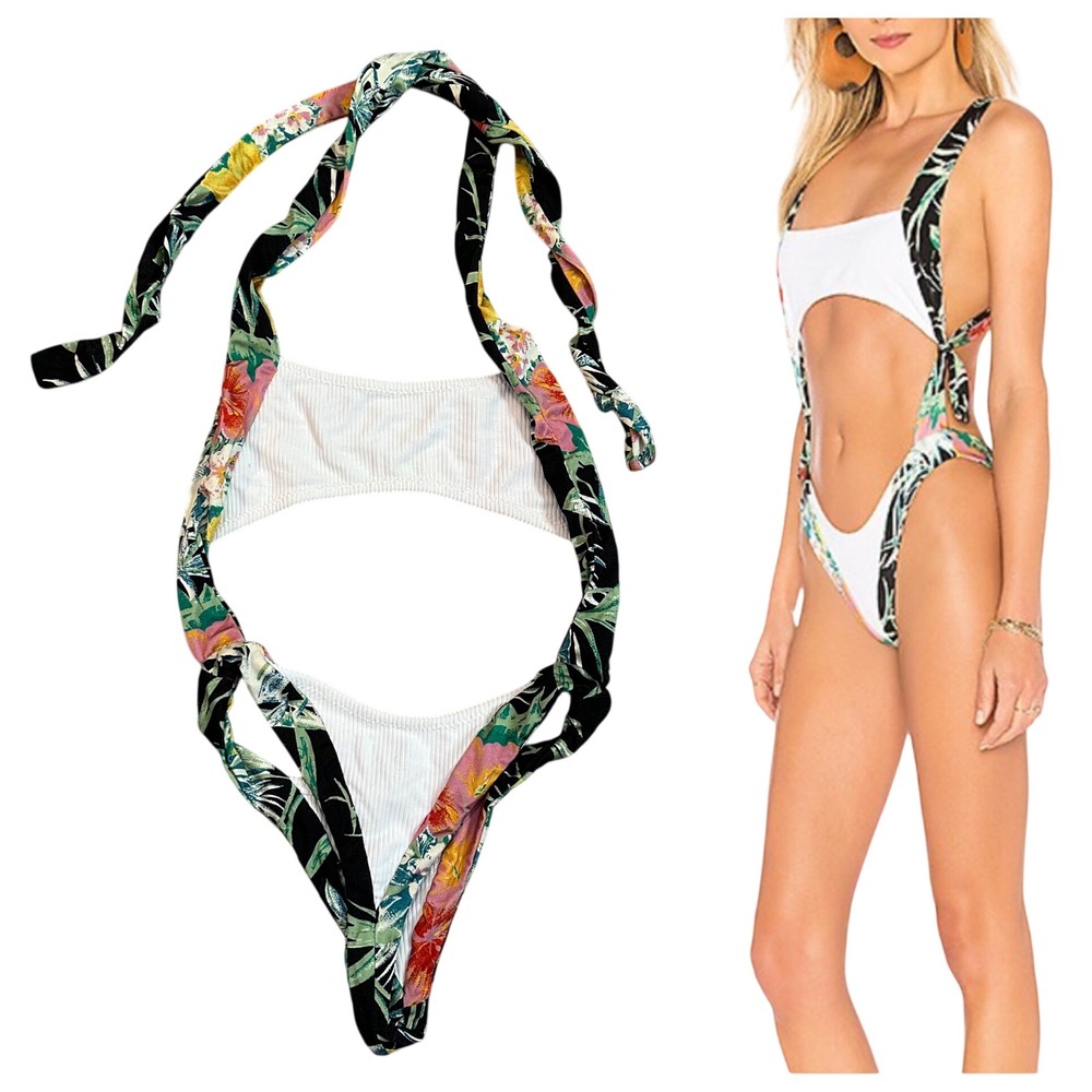 Indah White Ribbed Floral Halter One Piece Swimsuit‎ Thong Small